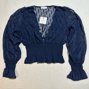 RIHOAS Navy Sheer V-Neck Smocked Waist Blouse